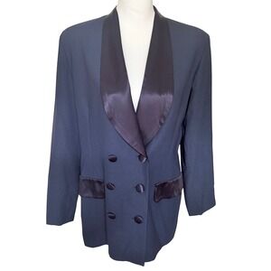 Vintage Saks Fifth Avenue Folio Tuxedo Blazer Women 10 Navy Blue 80s Mixed Media